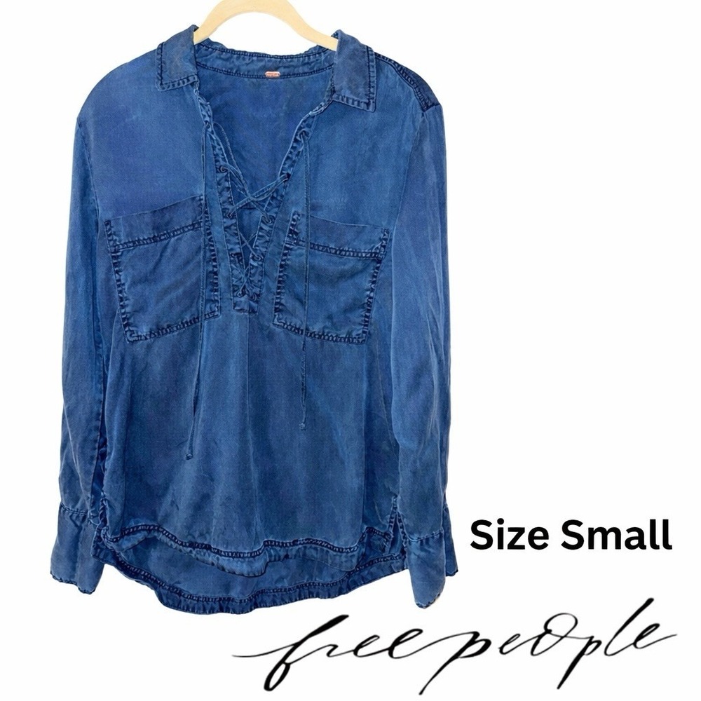 Free People Under Your Spell Tencel Top Women's Small Blue Lace Up Boho EUC